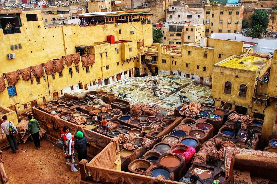 Historic leather tanneries in Fes during a four-day Morocco tour from Casablanca
