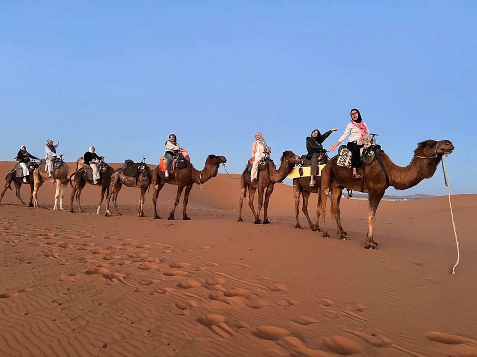 Group camel trek during a two-day Fes to Marrakech desert tour