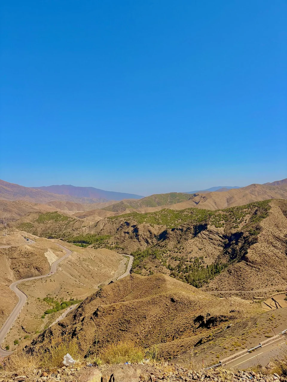 Winding road through the High Atlas Mountains toward Marrakech