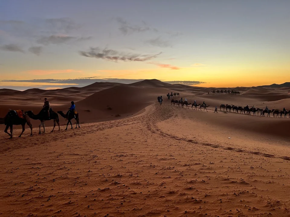 Camel caravans crossing the Erg Chebbi dunes during a Marrakech to Fes tour