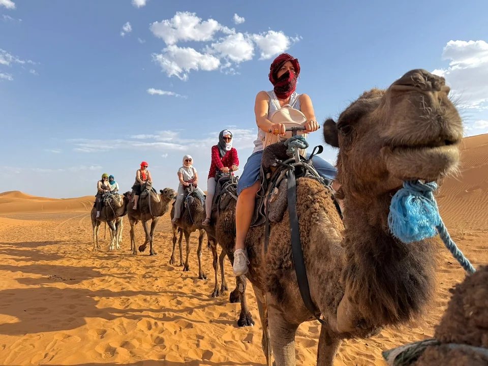 Travelers riding camels during a five-day Marrakech to Fes desert tour
