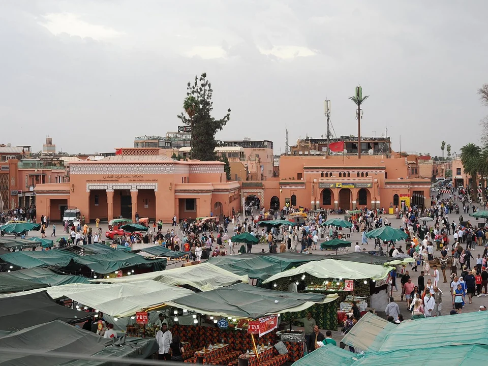 Jemaa el-Fna square and market stalls in Marrakech